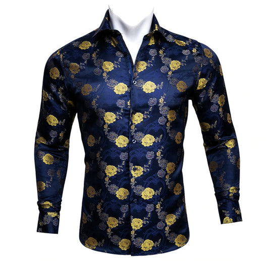 Gold Blue Floral Silk Mens Shirts. CY-0052 - SimonVon Shop