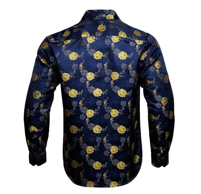 Gold Blue Floral Silk Mens Shirts. CY-0052 - SimonVon Shop