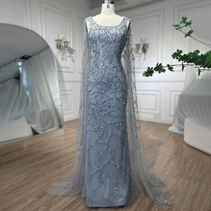 Gray Mermaid Beaded Evening Dress with Cape Sleeves LA72149 - SERENE HILL
