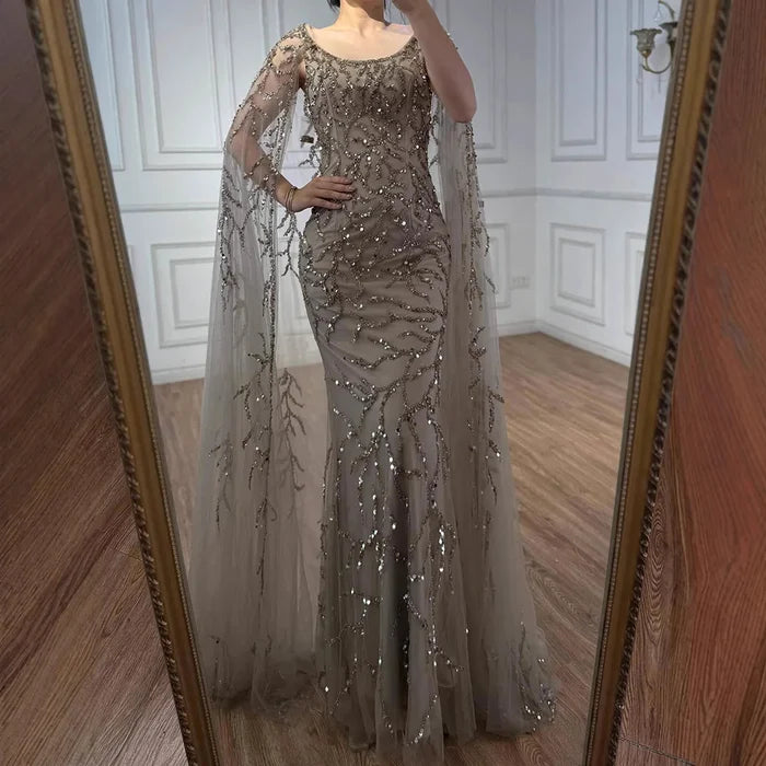 Gray Mermaid Beaded Evening Dress with Cape Sleeves LA72149 - SERENE HILL