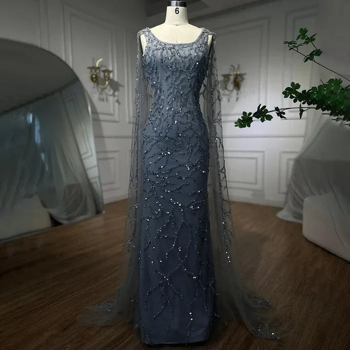 Gray Mermaid Beaded Evening Dress with Cape Sleeves LA72149 - SERENE HILL