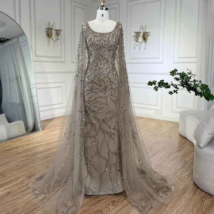 Gray Mermaid Beaded Evening Dress with Cape Sleeves LA72149 - SERENE HILL