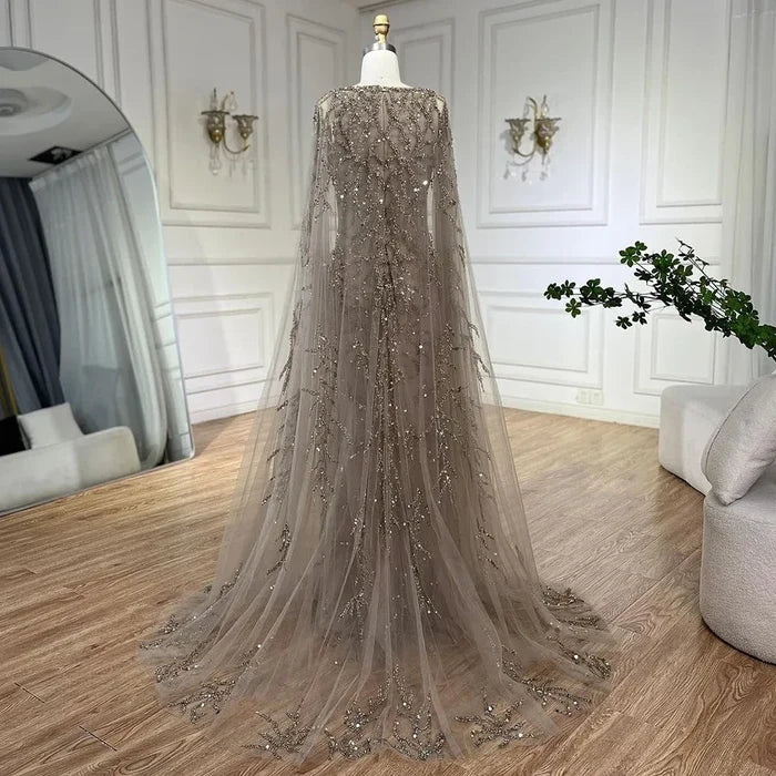 Gray Mermaid Beaded Evening Dress with Cape Sleeves LA72149 - SERENE HILL