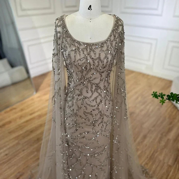 Gray Mermaid Beaded Evening Dress with Cape Sleeves LA72149 - SERENE HILL
