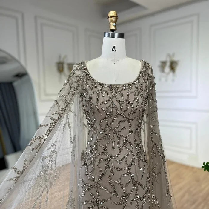 Gray Mermaid Beaded Evening Dress with Cape Sleeves LA72149 - SERENE HILL