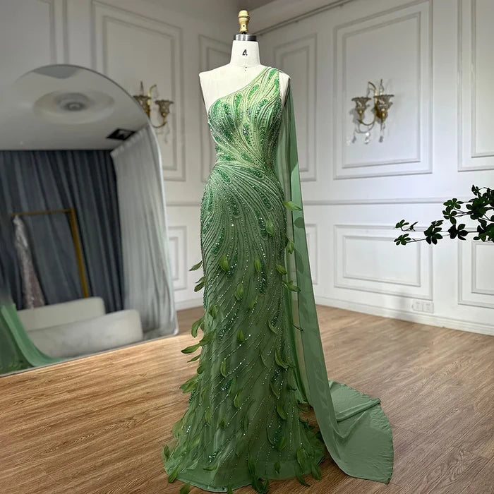 Green One-Shoulder Beaded Feathers Evening Gown with Side Cape Shawl LA72698 - SERENE HILL