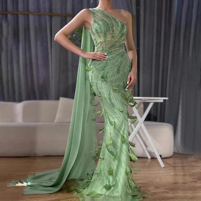 Green One-Shoulder Beaded Feathers Evening Gown with Side Cape Shawl LA72698 - SERENE HILL