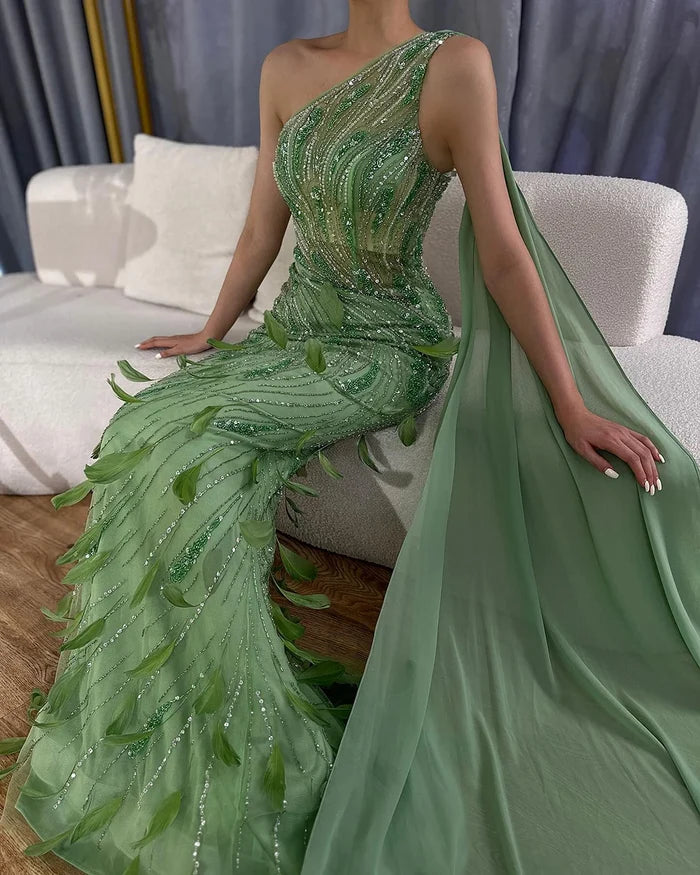 Green One-Shoulder Beaded Feathers Evening Gown with Side Cape Shawl LA72698 - SERENE HILL