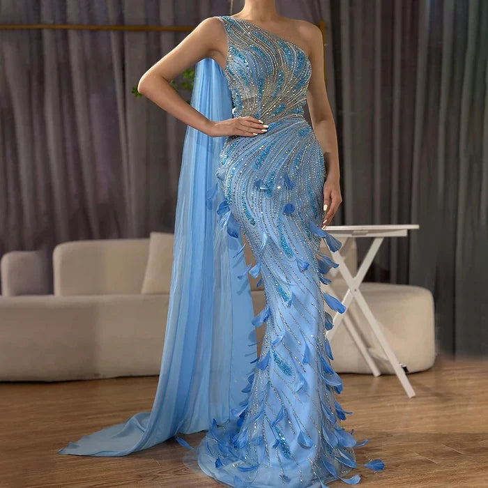Green One-Shoulder Beaded Feathers Evening Gown with Side Cape Shawl LA72698 - SERENE HILL