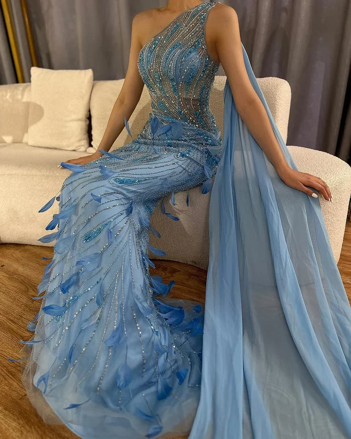 Green One-Shoulder Beaded Feathers Evening Gown with Side Cape Shawl LA72698 - SERENE HILL