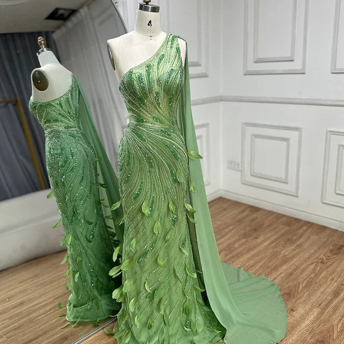 Green One-Shoulder Beaded Feathers Evening Gown with Side Cape Shawl LA72698 - SERENE HILL