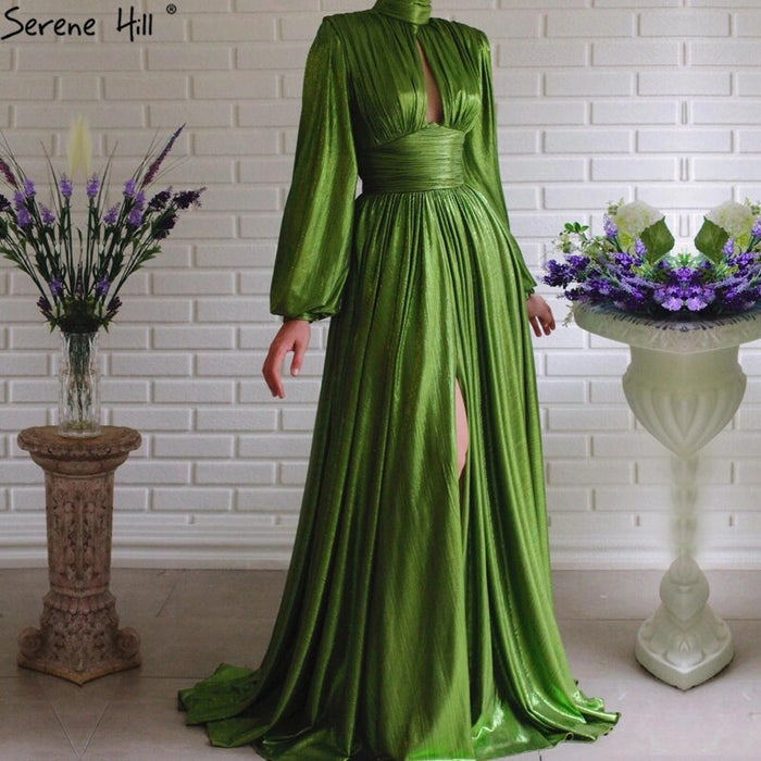 Green Satin A-Line Classy Long Sleeves Silk Evening Dress LA70554 - SERENE HILL