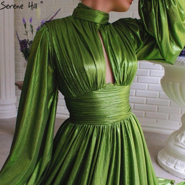 Green Satin A-Line Classy Long Sleeves Silk Evening Dress LA70554 - SERENE HILL