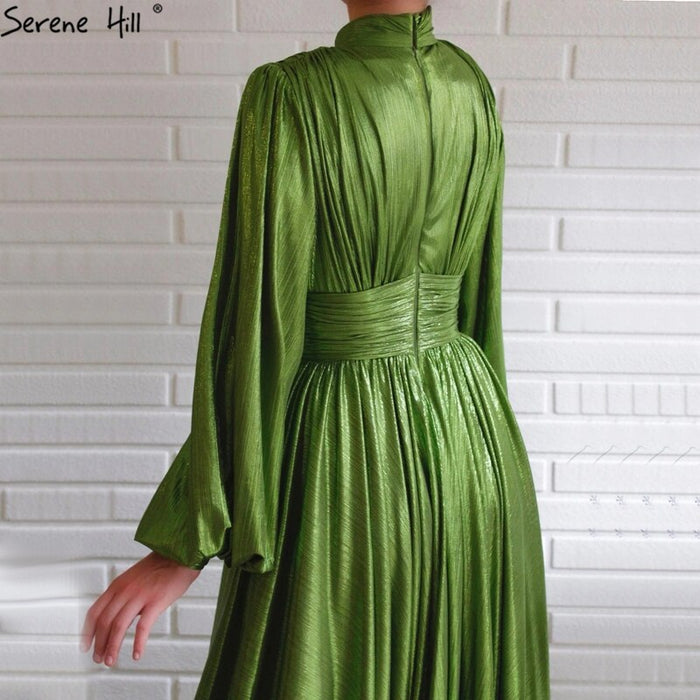 Green Satin A-Line Classy Long Sleeves Silk Evening Dress LA70554 - SERENE HILL