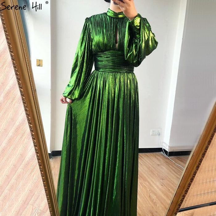 Green Satin A-Line Classy Long Sleeves Silk Evening Dress LA70554 - SERENE HILL