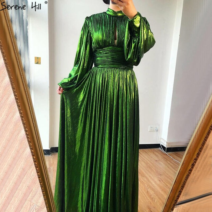 Green Satin A-Line Classy Long Sleeves Silk Evening Dress LA70554 - SERENE HILL