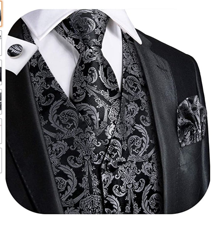 Grey Black Floral Jacquard Silk Waistcoat Vest Handkerchief Cufflinks Tie Vest Set-Mj-2003 - SimonVon Shop