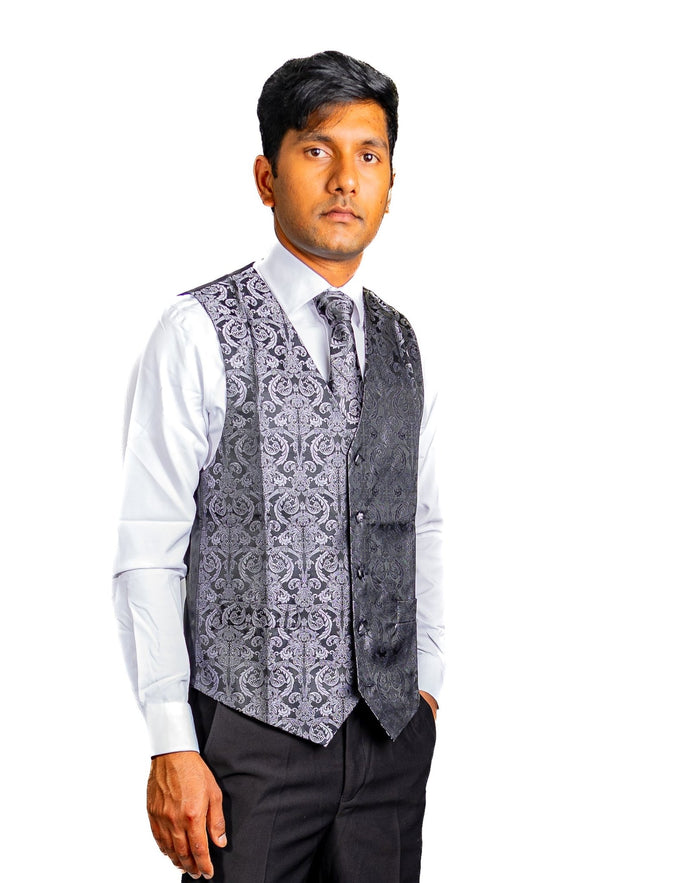 Grey Black Floral Jacquard Silk Waistcoat Vest Handkerchief Cufflinks Tie Vest Set-Mj-2003 - SimonVon Shop