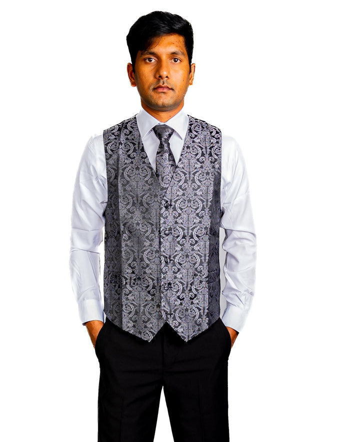 Grey Black Floral Jacquard Silk Waistcoat Vest Handkerchief Cufflinks Tie Vest Set- Mj-0011 - SimonVon Shop