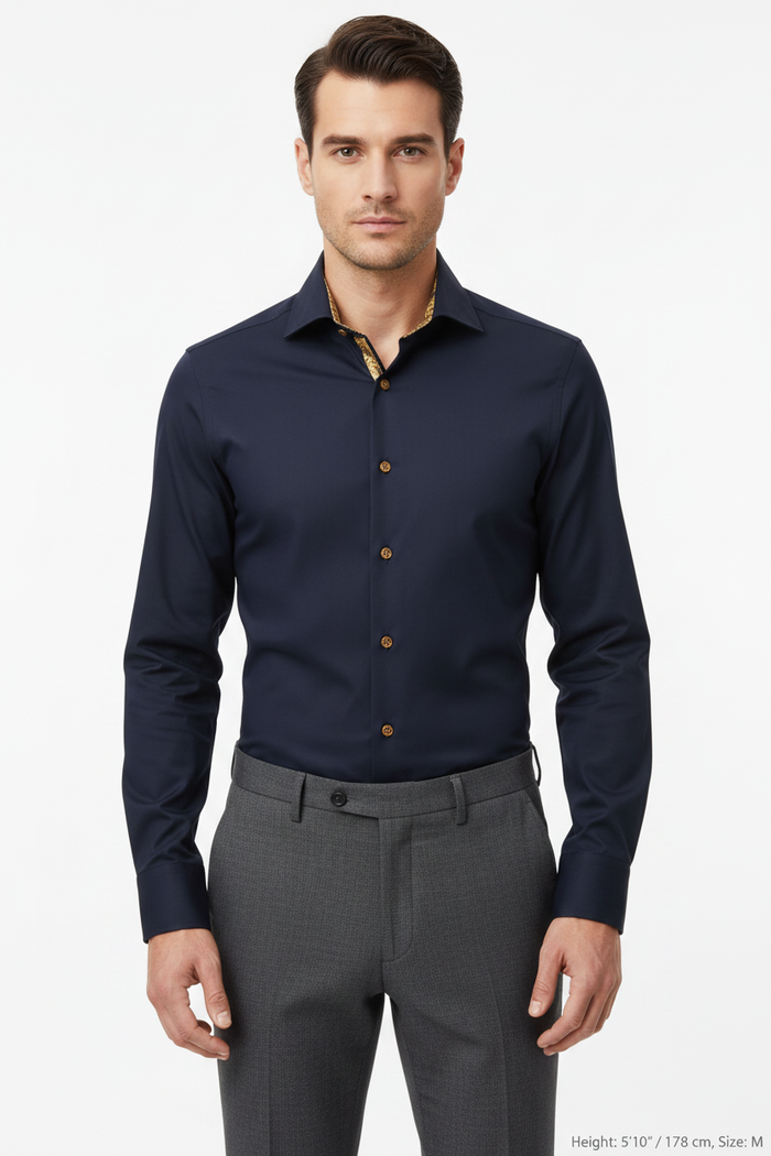 Wam Denim Ordin Navy Long Sleeve Shirt – model front view, tucked in