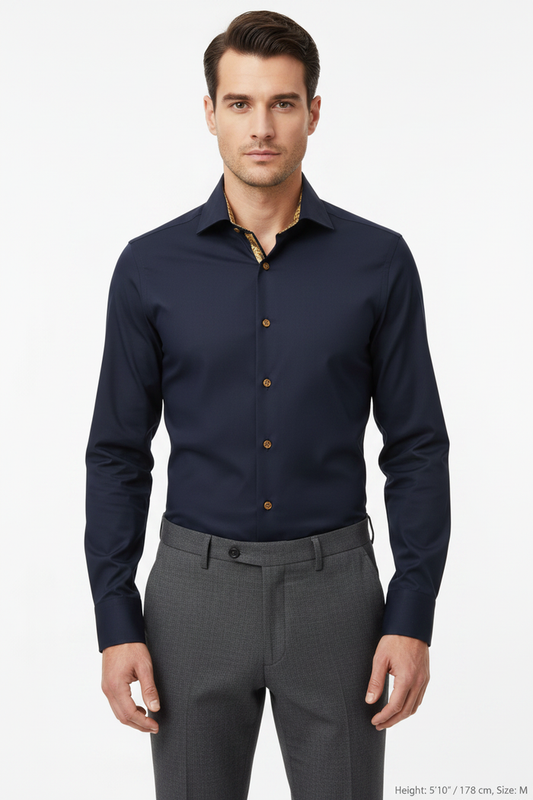 Wam Denim Ordin Navy Long Sleeve Shirt – model front view, tucked in