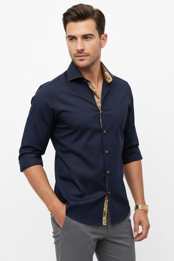 Wam Denim Ordin Navy Long Sleeve Shirt – three-quarter view on model
