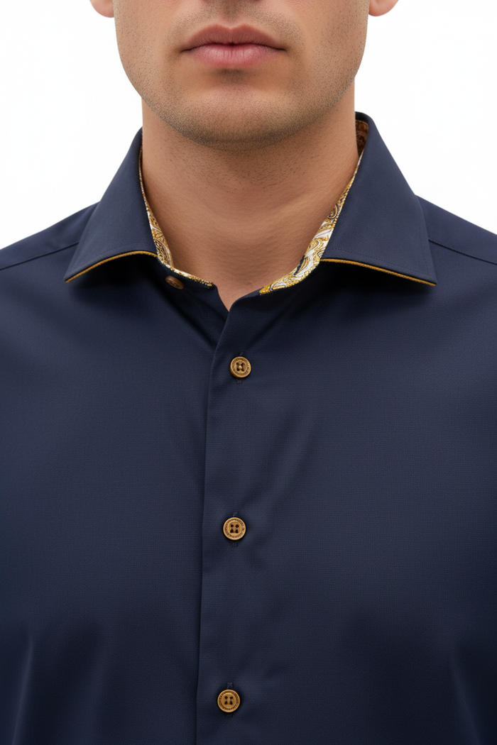 Wam Denim Ordin Navy Shirt – spread collar with gold paisley inner lining close-up