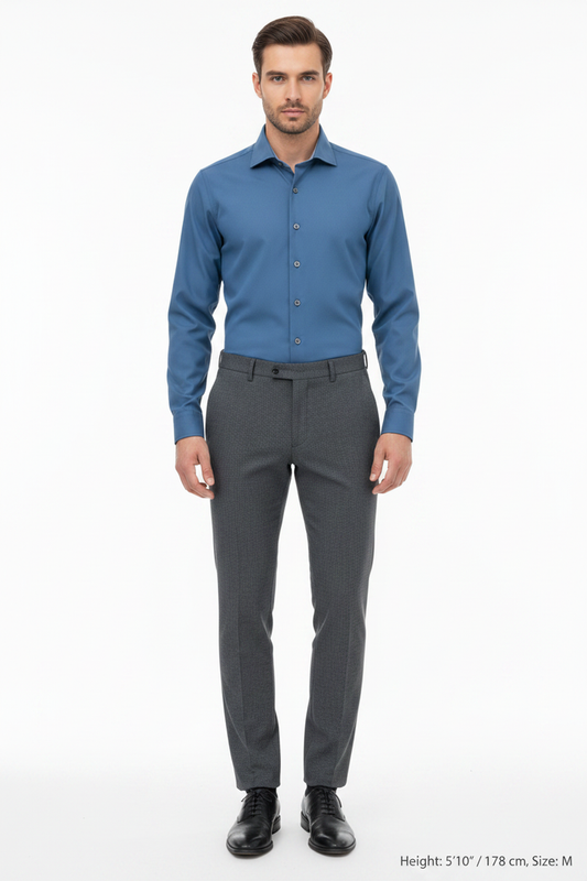 Wam Denim Vuric Petrol Long Sleeve Shirt – model front view, tucked in