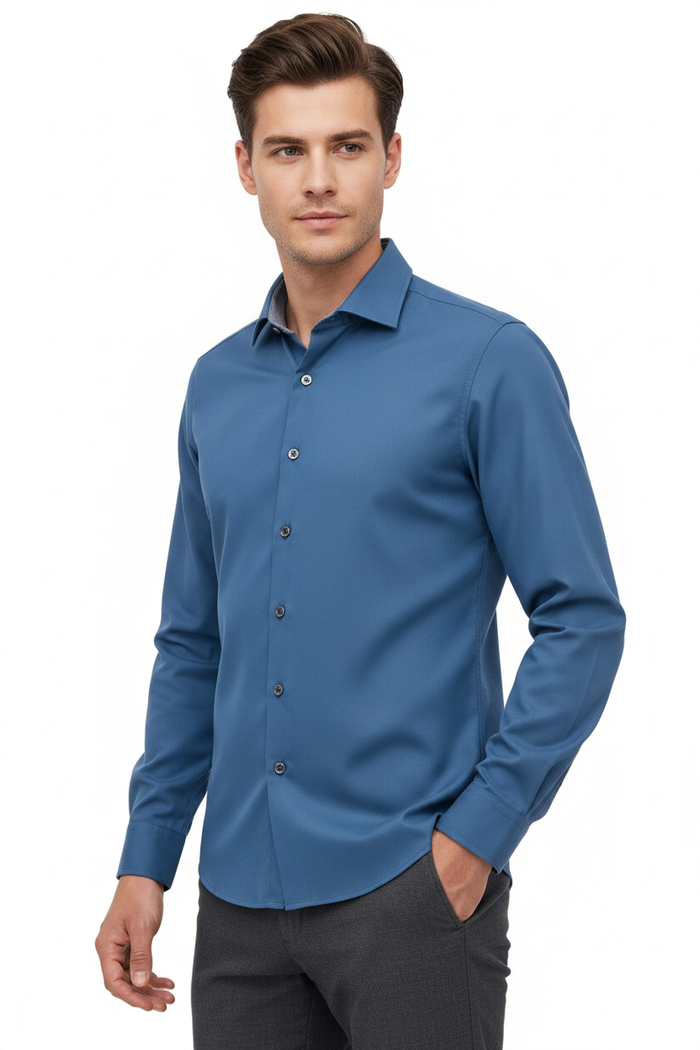 Wam Denim Vuric Petrol Long Sleeve Shirt – three-quarter view on model