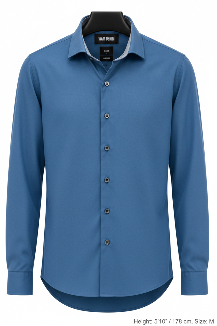 Wam Denim Vuric Petrol Long Sleeve Shirt – front hanger view with size label