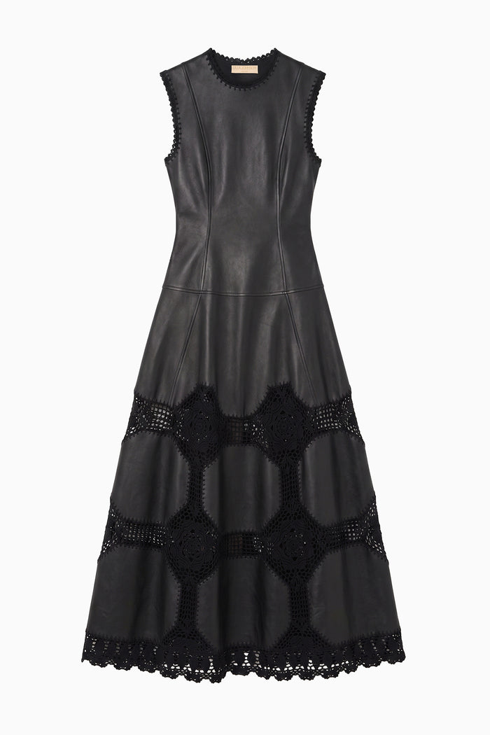 Ilana Sleeveless Crochet & Leather Dress - Noir