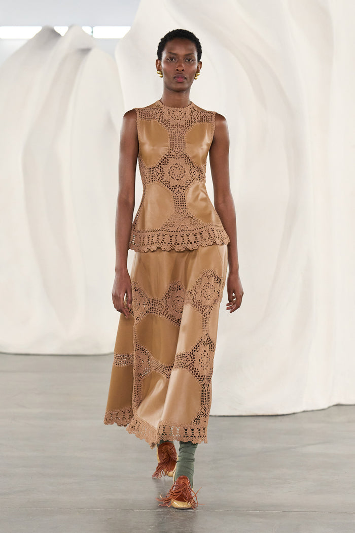 Izra Crochet & Leather Skirt - Camel