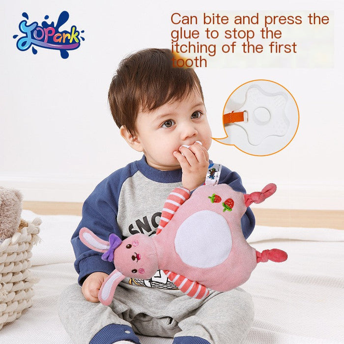 Jopark Eco-Friendly Baby Toy and Soothing Blanket with infant cuddling a soft doll for teething comfort.