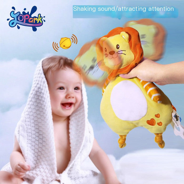 Jopark Eco-Friendly Baby Toy and Soothing Blanket with a smiling baby holding a colorful lion-shaped plush toy.