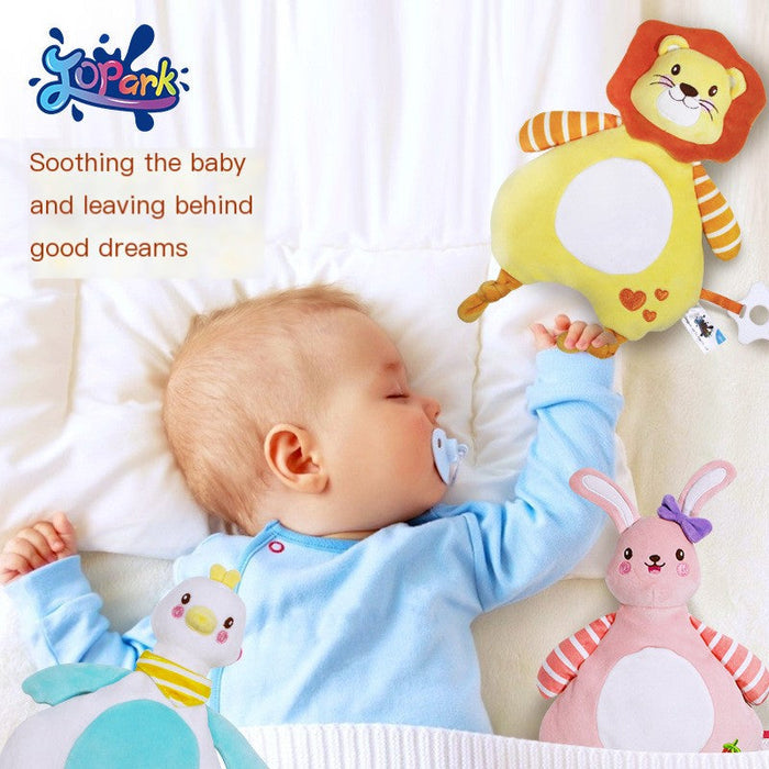 Jopark Eco-Friendly Baby Toy and Soothing Blanket with a baby sleeping peacefully among soft plush toys