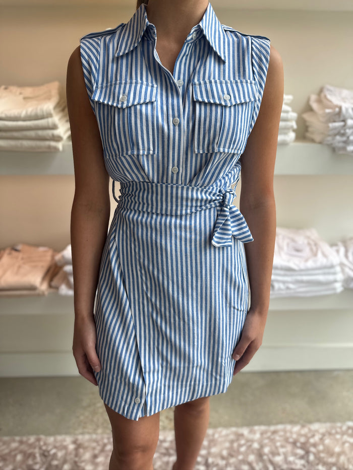 Kenlie Blue/White Stripe Dress with Side Tie Wrap