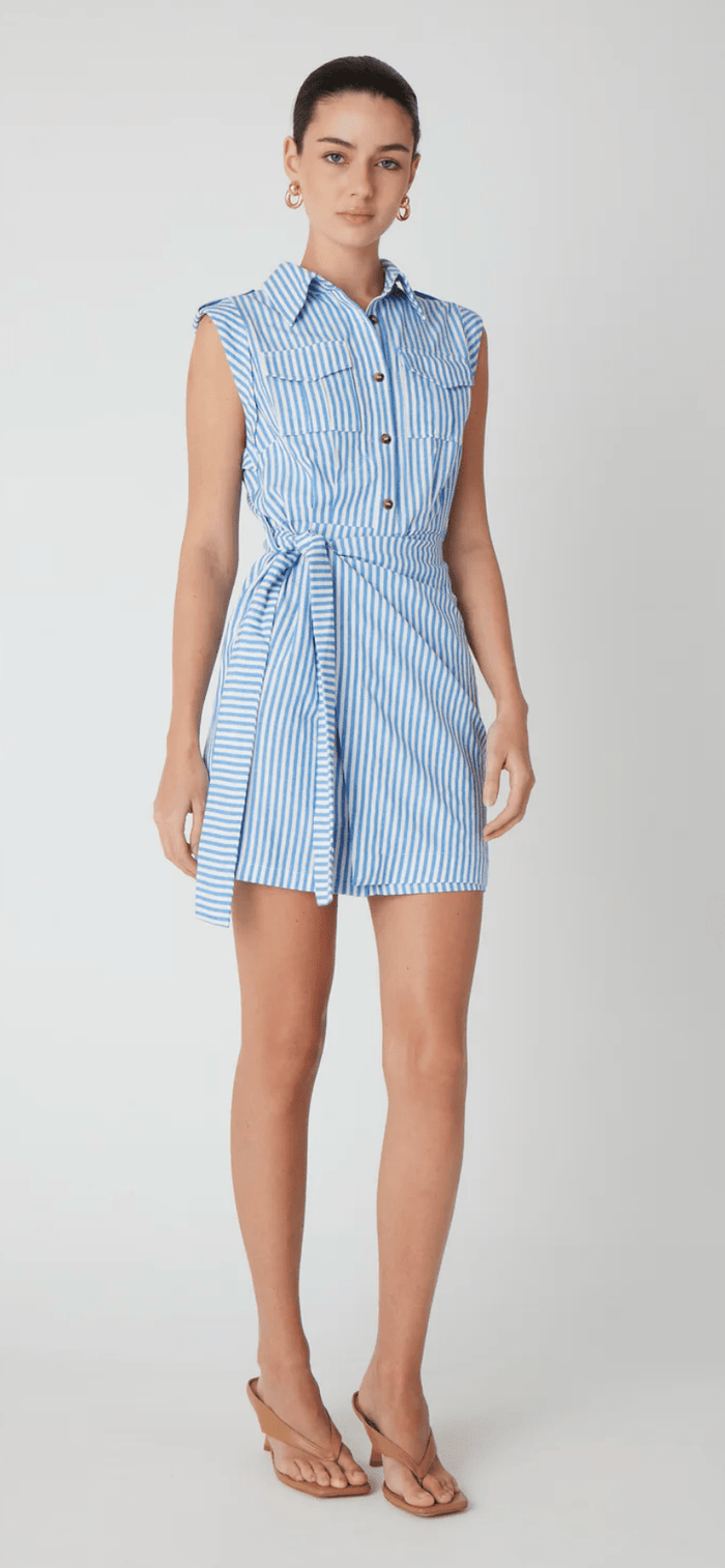 Kenlie Blue/White Stripe Dress with Side Tie Wrap - Amor Lafayette