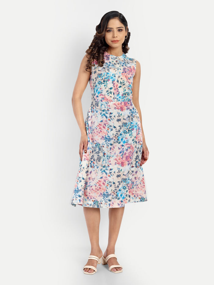Women’s floral Kiki sleeveless midi dress with elegant fit and soft pastel print