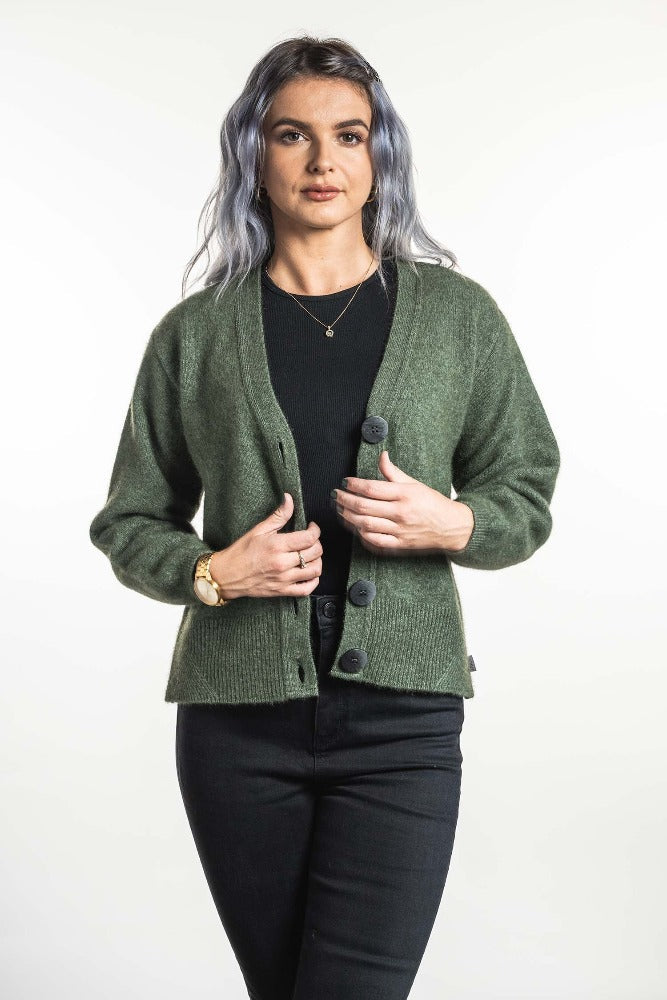 Possum and Merino  KO557 V Neck Cardigan - A modern twist on a V neck cardigan.  This style is hip length and features a wide rib detail on the hem.  Made proudly in New Zealand from a premium blend of 40% possum fur, 50% merino lambswool & 10% mulberry silk.