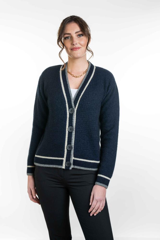 Possum and Merino

KO561 Contrast Textured Cardigan - A striking V neck cardigan with striped detailing.  This piece features alternating texture on the sleeves and body. A unique, statement piece that will be sure to get attention.

Made proudly in New Zealand from a premium blend of 40% possum fur, 50% merino lambswool and 10% mulberry silk