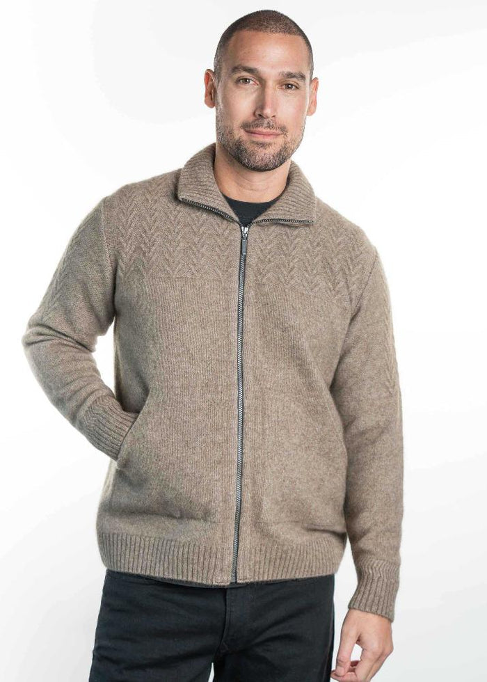 Possum and Merino

KO873 Chevron Zip Jacket - A zip through Jacket with a textured pattern on the chest and sleeves. This garment has knitted in pockets.

Made proudly in New Zealand from a premium blend of 40% possum fur, 50% merino lambswool and 10% mulberry silk.