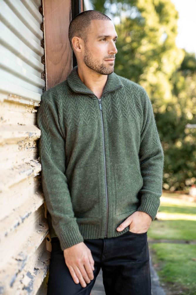 Possum and Merino

KO873 Chevron Zip Jacket - A zip through Jacket with a textured pattern on the chest and sleeves. This garment has knitted in pockets.

Made proudly in New Zealand from a premium blend of 40% possum fur, 50% merino lambswool and 10% mulberry silk.