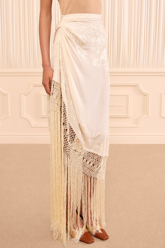 Lark Silk Fringe Skirt - Creme