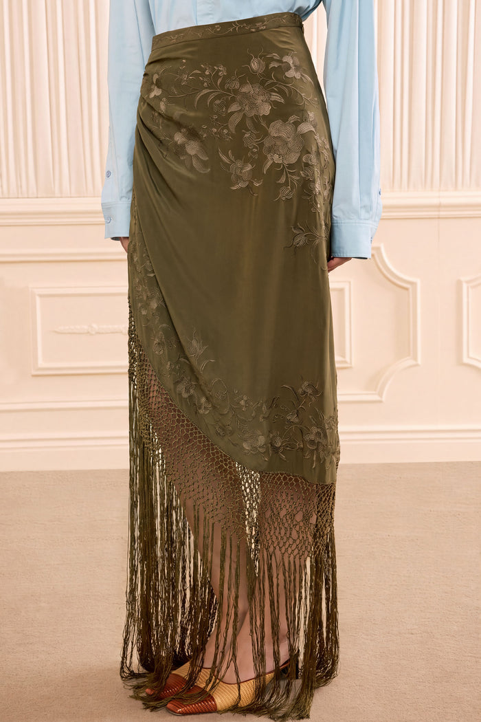 Lark Silk Fringe Skirt - Malachite