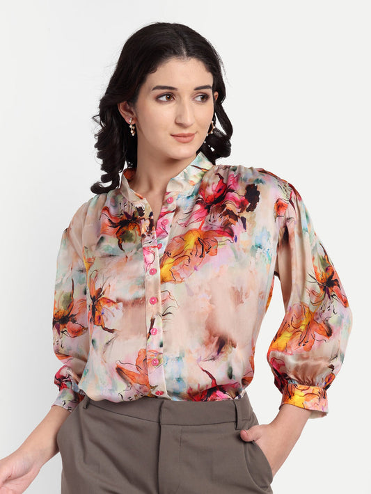 Women’s multicolor floral Latvia top with shirt style, relaxed fit and elegant stylish design