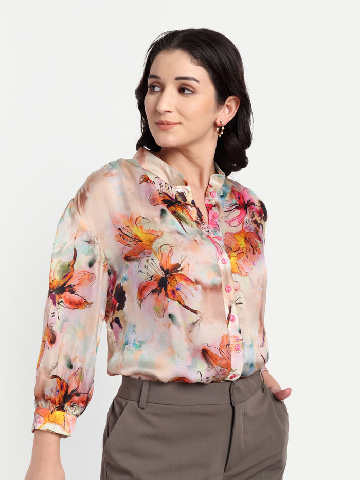 Women’s multicolor floral Latvia top with shirt style, relaxed fit and elegant stylish design