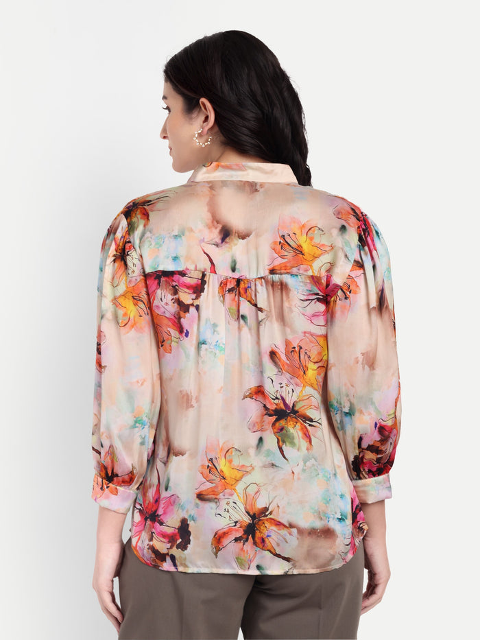 Women’s multicolor floral Latvia top with shirt style, relaxed fit and elegant stylish design