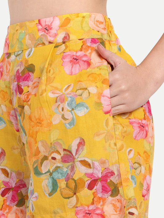 Women’s yellow floral Leo shorts with relaxed fit and vibrant summer print for stylish casual wear