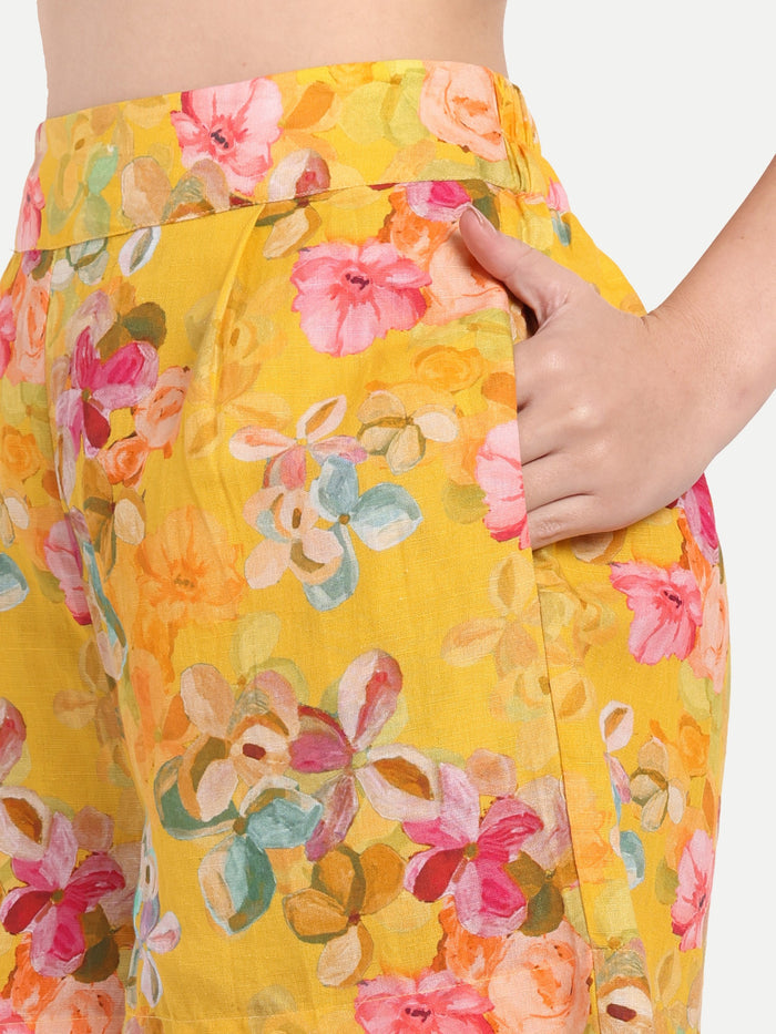 Women’s yellow floral Leo shorts with relaxed fit and vibrant summer print for stylish casual wear