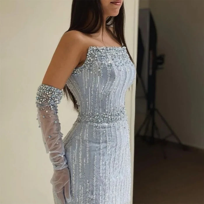 Light Blue Pearls Luxury Dubai Evening Dresses Elegant LA71950 - SERENE HILL